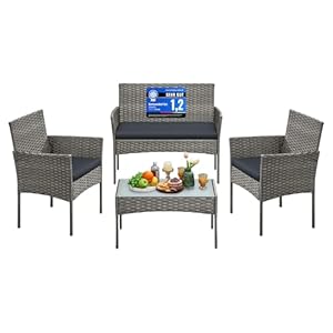 SONGMICS Gartenmöbel-Set, 4-teilig, Balkonmöbel aus PE-Polyrattan, Tisch, 2 Stühle, 2-Sitzer-Bank, Lounge-Möbel Outdoor, Terrassenmöbel, für Terrasse, Balkon, grau GGF004TZ01