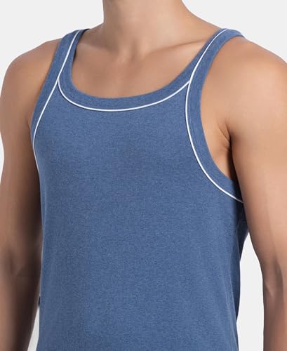 Image of Jockey US54 Men's Super Combed Cotton Rib Square Neckline Gym Vest with Back Panel Graphic Print (Shoulder Starp Color May Vary)