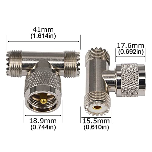 Boobrie 2-Pack PL-259 UHF Triple Tee Connector UHF Male PL259 to Dual UHF Female SO239 Adapter RF Coaxial Connector UHF T Shape 3 Way Splitter for Ham Radio CB Antenna WiFi