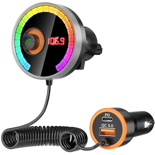 Bluetooth Car Adapter FM Transmitter Car Radio Bluetooth Transmitter, 7 Colors LED Backlit, QC3.0 Fast Charging, Strong Microphone, HiFi Bass Sound, Hands-Free Call, Support USB/TF Drive
