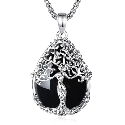 CELESTIA Collier Arbre de Vie Femme Pendentif Obsidienne Noire Argent Bijoux avec Pierre de Protection Puissante Chaine Acier Inoxydable Cadeau Femme Original