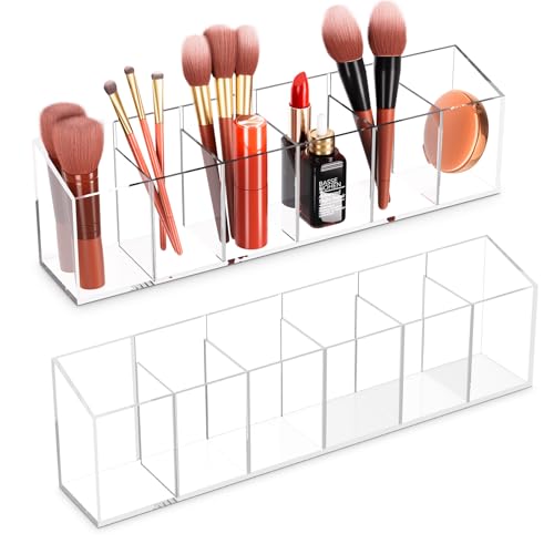 Acrylic 6-Compartment Makeup Organizer 2PCS, Transparent Plastic Makeup Brush Holder, Perfect Bathroom Vanity Storage Solution for Makeup Brushes, Eyebrow Pencils, and More