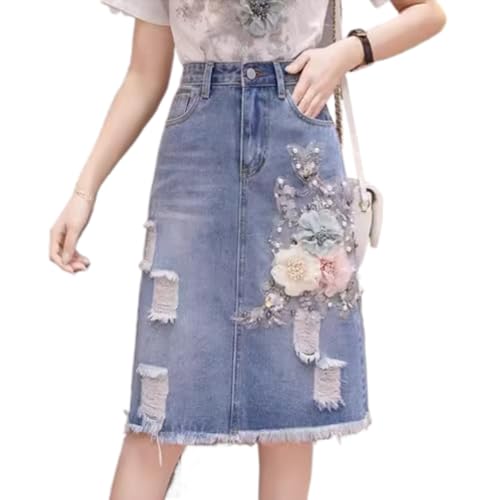 Beaded Flower Denim Skirt for Women with Slim fit and Midlength