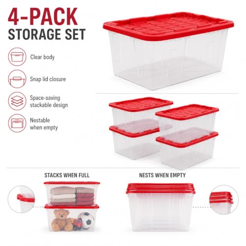 Image of Storage Bins 27 Gal Clear with Red Snap Lid 4 Pack for Garage | 4-Pack 27 Gallon Clear Storage Bins - Red snap lids with 2-point closure. Built-in handles and stackable design.