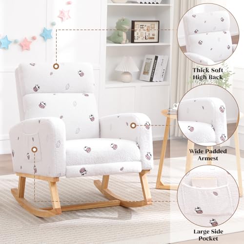 Image of HCHAIRH Rocking Chair Nursery with Foot Rest, Nursing Rocking Chairs for Mom Breastfeeding, Teddy Rocker Glider Chair with High Backrest for Living Room, Bedroom, Cow Printed White