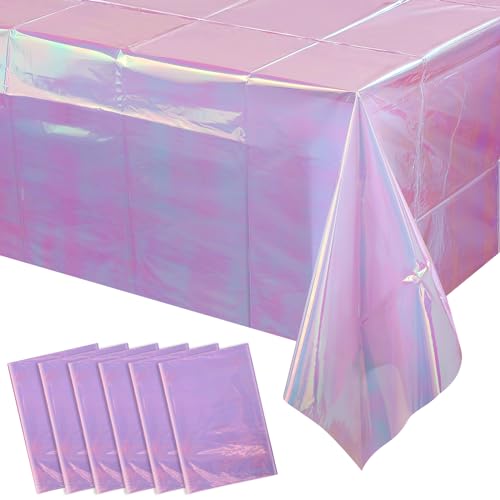 Image of 6 Pack Light Purple Plastic Tablecloths for Rectangle Tables, Shiny Disposable Laser Rectangle Table Covers Holographic Foil Tablecloth Iridescent Party Decoration Birthday Bridal Wedding, 39x108 Inch