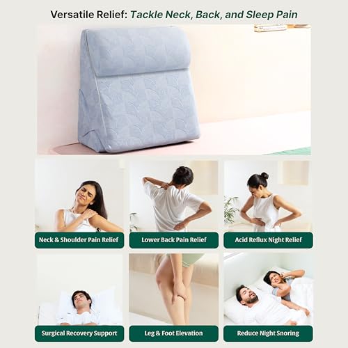 Image of The White Willow Memory Foam & HR Foam Incline Pillow - Back Support for Acid Reflux & GERD Relief, Sitting & Leg Elevation Cushion, Adjustable with Headrest, Blue, King Size, 12 inch H