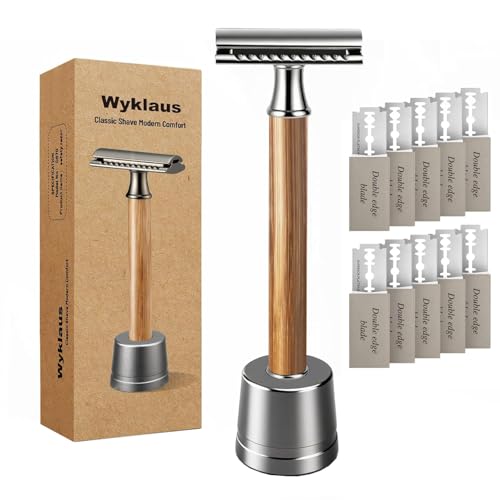 Double Edge Safety Razor: Premium Metal Single Blade Face Razor for Men & Women, Eco-Friendly Bamboo Handle & 10 Double Edge Blades Dark Grey