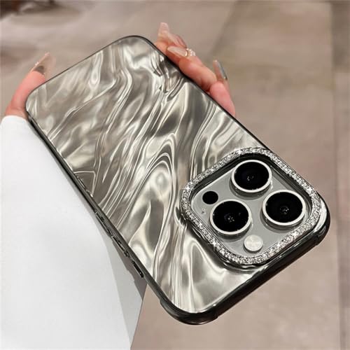 Étui de protection iPhone 15 noir à effet vagues bouclées et strass de luxe
