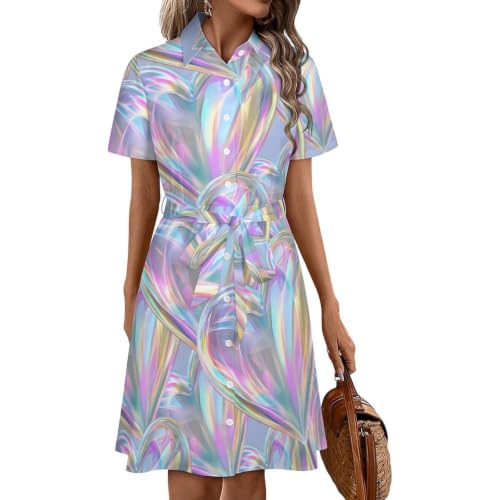 Robe chemise arc-en-ciel laser mi-longue pour femme à manches courtes