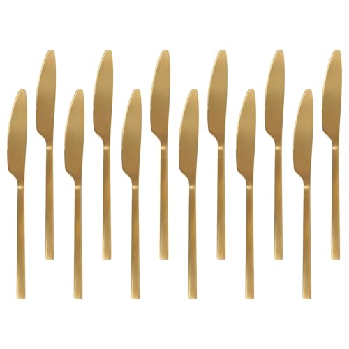 Argon Tableware 12 Stainless Steel Dinner Knives – 21cm Gold Finish Modern Cutlery Set for Dining & Entertaining – Stylish Dishwasher Safe Tableware