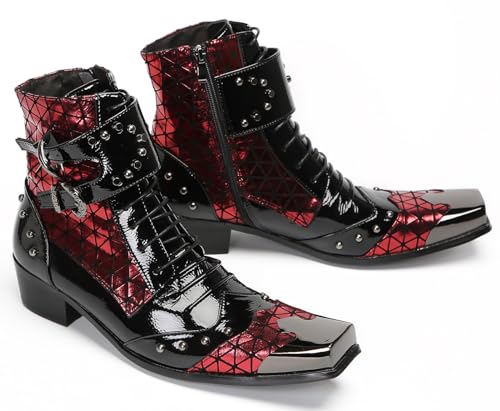 Santimon Men's Leather Western Cowboy Boots - Dress Casual Metal-Square Toe Oxfords Ankle Boots with Zipper & Double Buckle for Party Disco & Ballroom4