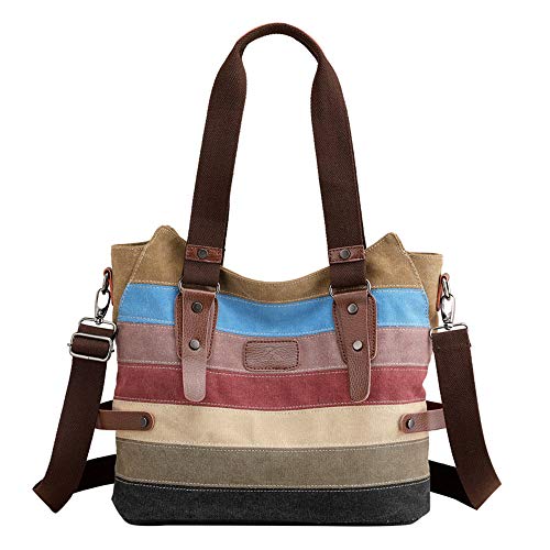 MINGZE Damen Handtaschen, Multi-Color-Striped Canvas Bag Handtasche Schultertasche Shopper Tasche Umhängetasche Tote Große Kapazität Shopping Casual Crossbody Cover
