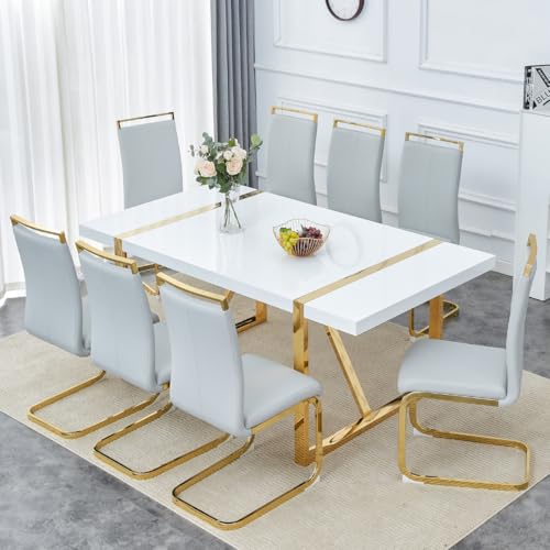 gopop Dining Table Set for 8, Kitchen Table Chairs Set of 8, 71" White High-Gloss Lacquered Tabletop & Electroplated Metal Frame, Modern Kitchen Tables with 8 Chairs for Dining Room