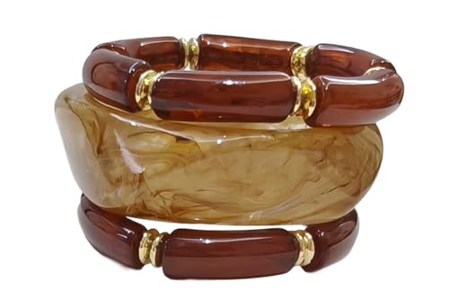 Image of Fuschianet Accessories Brown Resin Marble Bamboo Curved Beads, Broad Mustard Uneven Square Stackable Bracelets for Women and Girls Set of 3