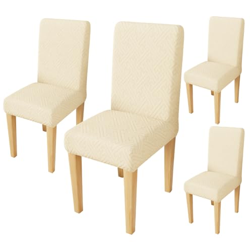 Image of Lukzer Elastic Dining Chair Cover - 4PC Pastel Yellow Grid Maze | Textured High Stretch Jacquard Seat Cover | Removable Washable Short Dining Chair Cover Protector Seat Slipcover | (CC-105-4)