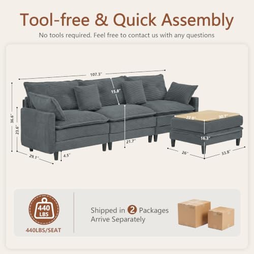 Image of 107.3 inch U Shaped Cloud Couch Modern Modular Sectional Sofa with 2 Storage Ottoman Coffee Table, 3-Seat Corduroy Deep Seat Sofa with Throw Pillows for Living Room, Bedroom, Apartment, Grey