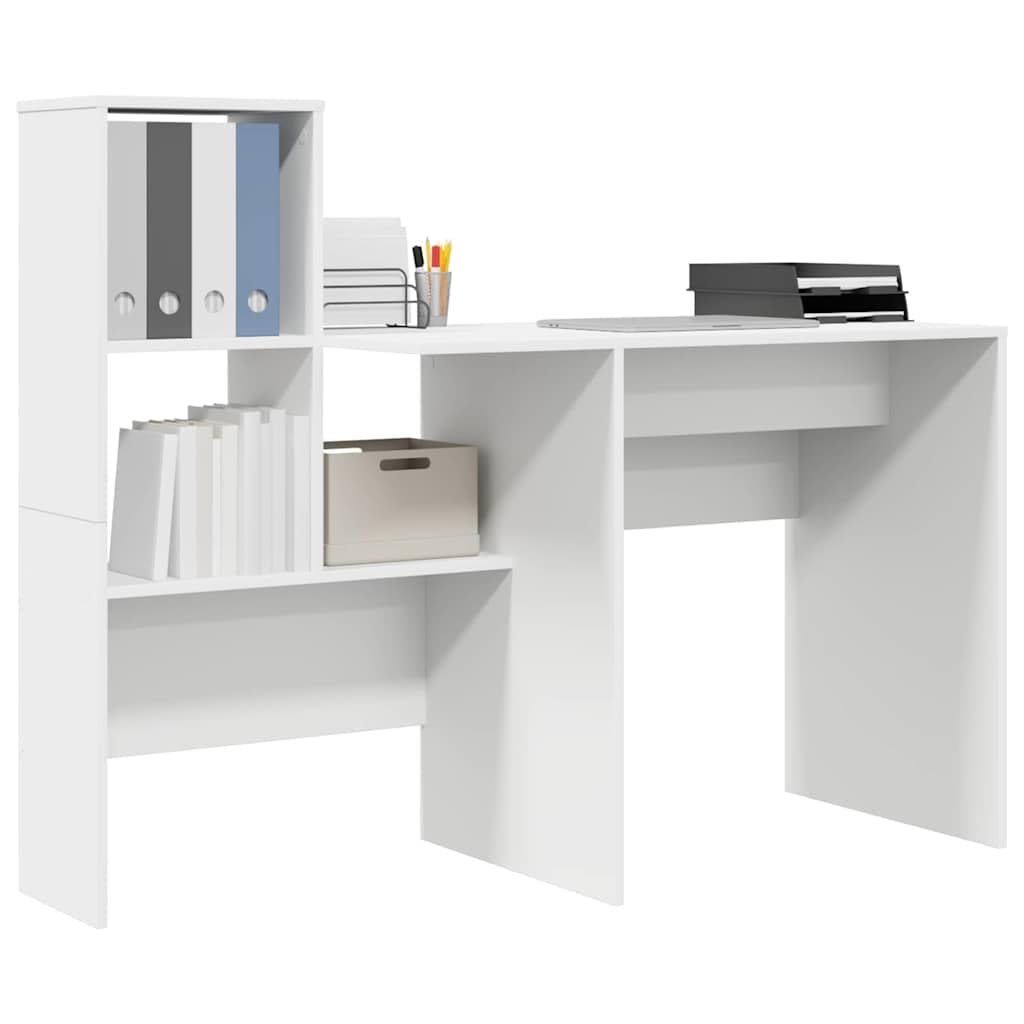 Scrivania bianco legno ingegnerizzato 131,5 x 50 x 106,5 cm con ripiano, cassetto e libreria integrata per ufficio, studio, smartworking, postazione computer e lavoro gaming salvaspazio