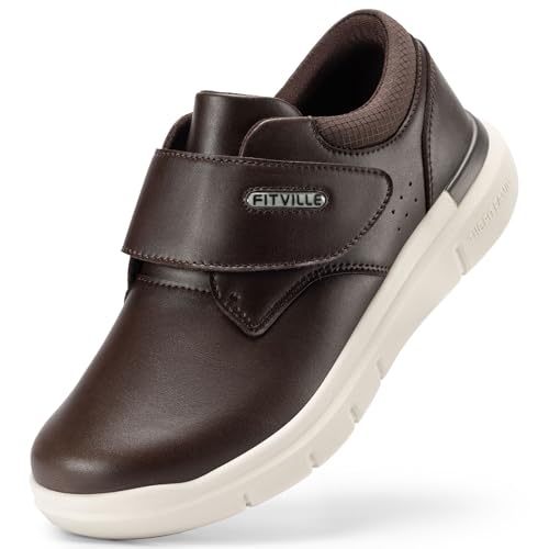 Image of FitVille Diabetic Shoes for Men Extra Wide Comfortable Leather Walking Shoes Hook & Loop Orthopedic Dress Sneakers for Edema and Swollen Feet