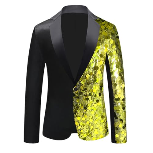Men's Shiny Sequin Blazer Sparkly Glitter Suit Jacket Long Sleeve Slim Fit Stylish Party Wedding Banquet Prom Tuxedo,Yellow,4XL