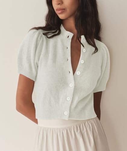 Image of Womens Puff Short Sleeve Cardigan Sweaters Cropped Button up Lightweight Y2k Knit Summer Cardigans