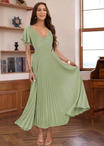 Miao Duo Women's Pleated Silk Satin Wedding Guest Dresses Elegant Short Sleeves Maxi Formal Dresses YZTS2893