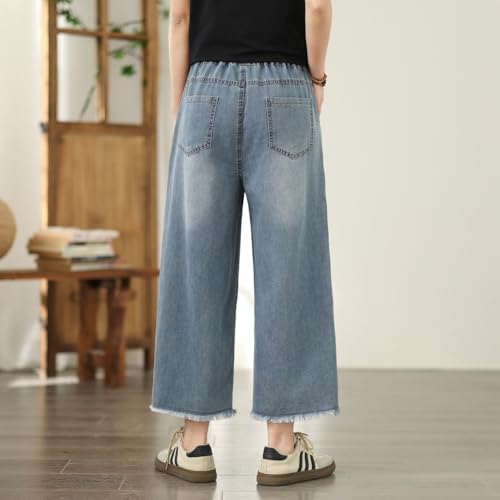 Women's Elastic Waist Cropped Jeans Embroidered Casual Pants with Pockets2
