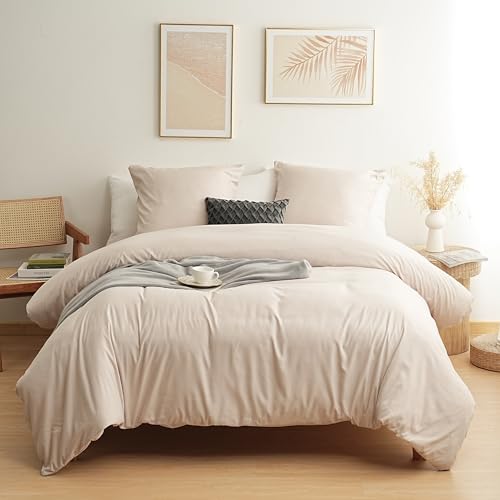 MOHAP Parure de Lit 4 Pièces Housse de Couette 220x240cm + Drap Housse 140x190/200cm avec 2 taies d'oreillers 65x65cm Beige pour 2 Personnes Parure 120 Fils/cm² en Microfibre