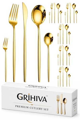 Image of 30 Pcs Gold Cutlery Set for Dining Table the Perfect Lightweight Silim Handle Tableware Including Dinner Spoon, Dinner Fork, Dinner Knife, Dessert Spoon & Dessert Fork