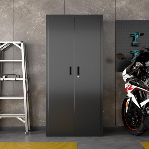 Image of Metal Storage Cabinets with 2 Doors and 5 Adjustable Shelves, 71 inch H Lockable Garage Storage Cabinet with Pegboard and Hooks, File Cabinet with Lock for Office, Home, Garage, Black