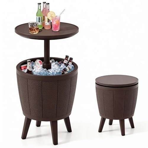 TANGZON 38L Ice Bucket Table Side Table Beer Cooler with Telescopic Tabletop All-Weather Outdoor Coffee Cocktail Tables for Backyard Party Poolside