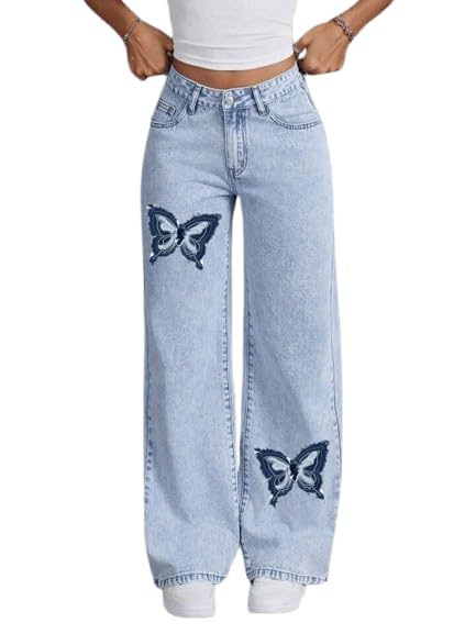 glossia Women’s Wide Leg Denim Jeans with Butterfly Patch | High Waist Light Wash Baggy Jeans | Trendy Streetwear Straight Fit Pants (WJ-3127-LBL-$)-picture-47