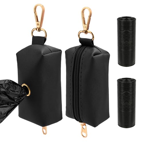 Beautyflier Pack of 2 Dog Poop Bag Holder for Leash, Pet Waste Pouch Dispenser, PU Leather Puppy Trash Pouch Carrier, Fits All Dog Leash, Includes 2 Rolls Poop Bag, Black