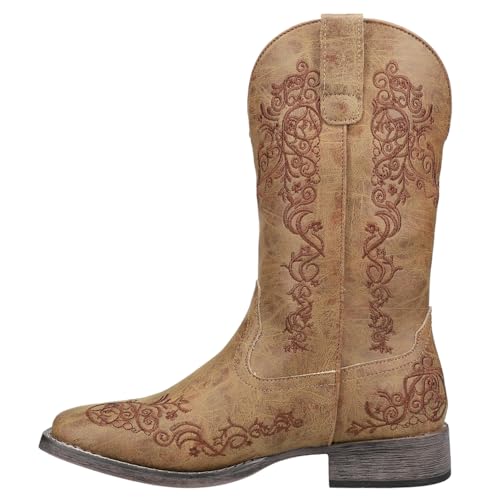 ROPER Womens Riley Scroll Embroidered Snip Toe Casual Boots Mid Calf Low Heel 1-2" - Brown3