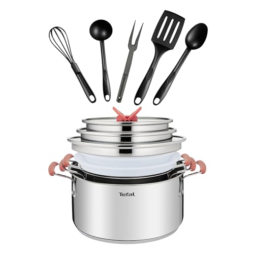Tefal G720SD Opti'Space 13-teiliges Topf- und Küchenhelferset | Premium Edelstahl 18/10 | induktionsgeeignet | platzsparendes, stapelbares Set | Messskala | rutschfeste Griffe | Silber