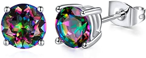 18K White Gold Plated 8mm Round Stud Earrings Created Rainbow Quartz Mystic Topaz Gemstone Earingings Mens Women Teens Girls Hypoallergenic Jewelry Gifts