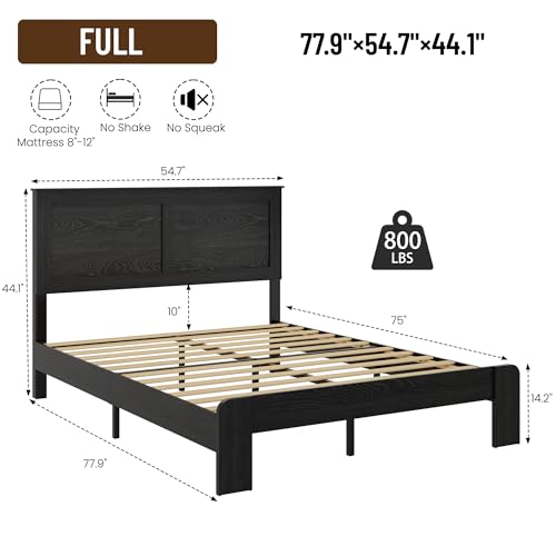 Image of Full Size Black Farmhouse Wood Bed Frame with Panel Headboard
