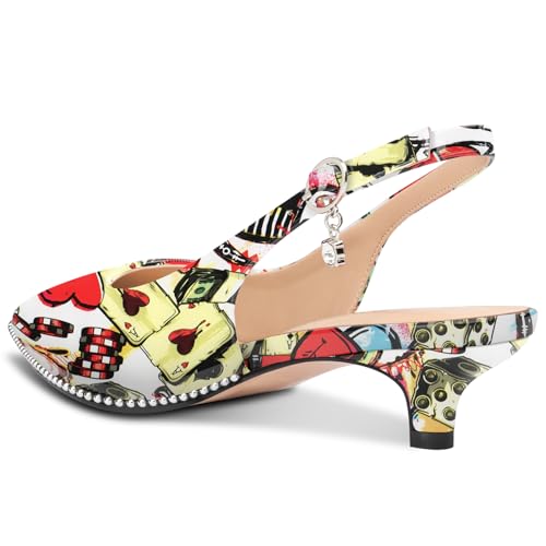 Image of TNYNFBEB Womens Low Kitten Heel Close Pointed Toe Pumps Slingback Silver Beaded Buckle Prom Party Dress Patent Leather 1.4 Inches Heels