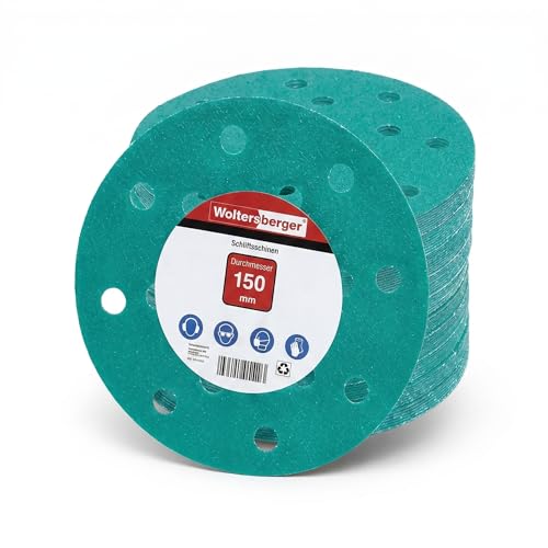 Woltersberger® 50 Stück Exzenter Schleifscheiben Ø 150mm | Körnung P1000 | 15 Loch in grün | Schleifpapier für optimales schleifen, vielseitig einsetzbar