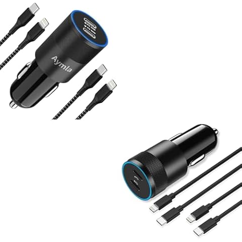 Aymla Dual 20W USB C Fast Car Charger with 2 Pack Type C to Lightning Cable 3.3ft + 40W USB C Car Charger Dual PD Cigarette Lighter Adapter with 2 Pack 3.3FT Lightning Cable Cover