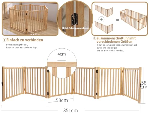 Pshelfy Lackfreies Naturholz-Hundeabsperrgitter, 6-teilig faltbar & 360° drehbar – Sicher als Welpen- und Kinderschutzgitter für Tür, Treppe, Flur (BxH: 351 x 58 cm, Natur, Unbehandelt)