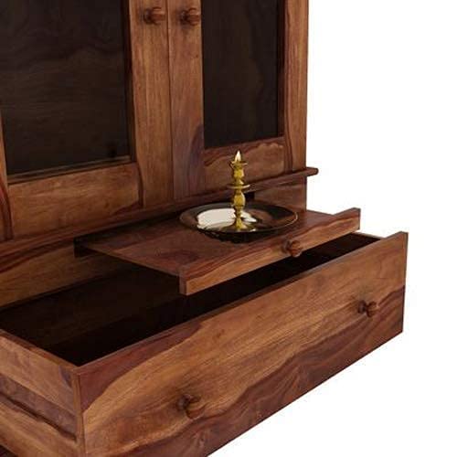 Image of G Fine Furniture 2.9 Ft Sheesham Wood Temple for Home | Wooden Pooja Mandir with 1 Drawer Storage 2 Glass Door Cabinet & Dhoop Batti Slider Stand | Traditional Pooja Ghar Mandap (Natural Finish)