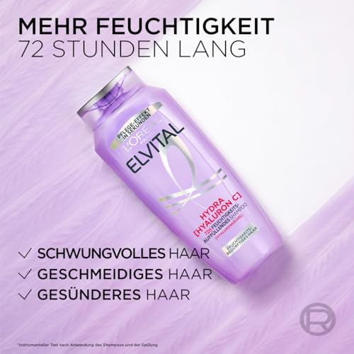 L'Oréal Paris Elvital Hydra Hyaluronic feuchtigkeitsspendendes XXXL Shampoo für glänzendes Haar, Hyaluron Shampoo für einen Feuchtigkeitsboost & Schutz, langanhaltende Feuchtigkeit und Pflege, 1000ml – Bild 5
