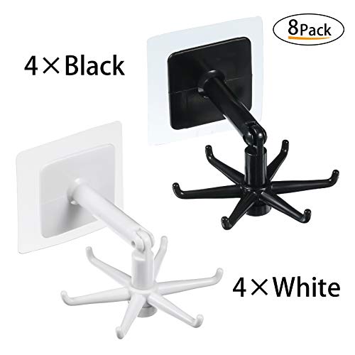 8 Pieces 360 Rotating Folding Hook Multipurpose Hanging Utensil Holder Hook 180 Degrees Vertical Flip Self Adhesive Hook Utensil Rack With 6 Hooks For Kitchen Bathroom Cabinet Towel, Black, White #TOP1