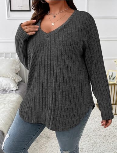 Image of Koscacy Women Plus Size Casual Knit Sweater V Neck Solid Color Tops Lightweight Long Sleeve Blouses