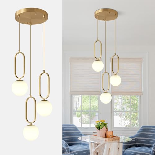 Image of 3-Light Globe Glass Pendant Light, Brass Ceiling lamp, Modern Gold Pendant Light, Frosted Milky White Ceiling lamp for Bedroom Living Room Kitchen