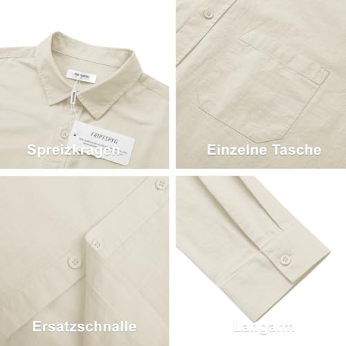 Friptspyg Leinenhemd Herren Langarm Baumwolle Leinen Hemd Herren Freizeithemden Casual Regular Fit Sommerhemd mit Tasche, Beige XL 4