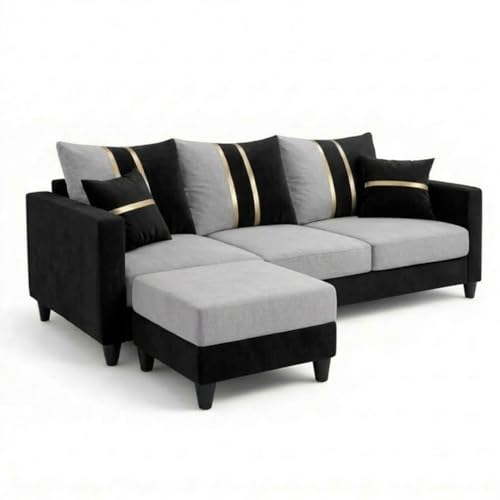 Image of Jester 4 Seater L Shape Sofa Set with Movable Ottoman | Flexible Left or Right Layout | Luxury Velvet Suede Fabric | Modern Living Room Sofa | Black-Light Grey