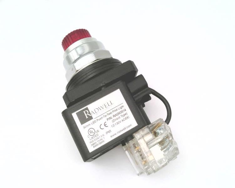 RADWELL Verified Substitute HT8GTRF3-SUB 12-130V AC/DC, 1NO/1NC, 30MM, Pilot Light, Push-to-Test Pilot Light, RED, Substitute for Eaton Corporation HT8GTRF3, Universal LED