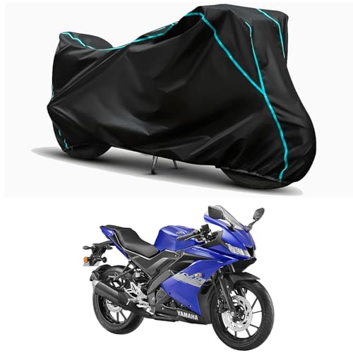 Image of Waterproof Bike Body Cover Compatible for | Yamaha R15S | Taffeta Fabric, Sky Piping Design, Bottom Elastic Fit | Dustproof, Sun UV & Rain Protection for All Weather.